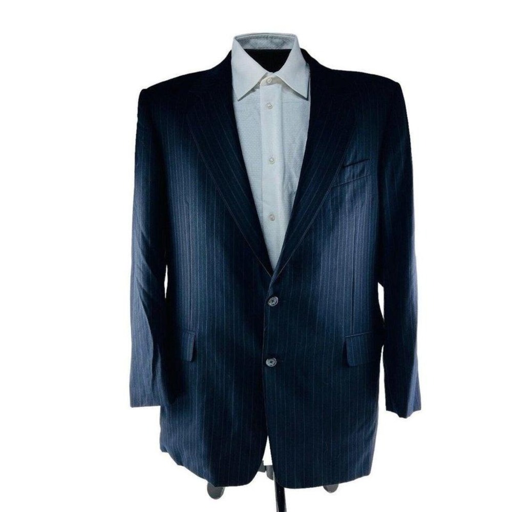 Hickey Freeman Blue w/ Gray Stripe Loro Piana Super 120 Wool‎ Blazer Size 44L